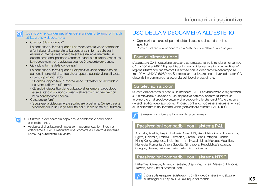 Samsung HMX-Q10BP/EDC, HMX-Q10TP/EDC, HMX-Q10UP/EDC, HMX-Q10BP/MEA Informazioni aggiuntive, USO Della Videocamera Allestero 