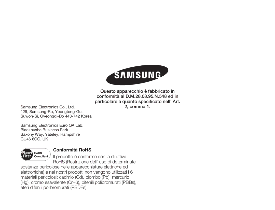 Samsung HMX-Q10BP/EDC, HMX-Q10TP/EDC, HMX-Q10UP/EDC, HMX-Q10BP/MEA, HMX-Q100BP/EDC, HMX-Q100UP/EDC manual Conformità RoHS 