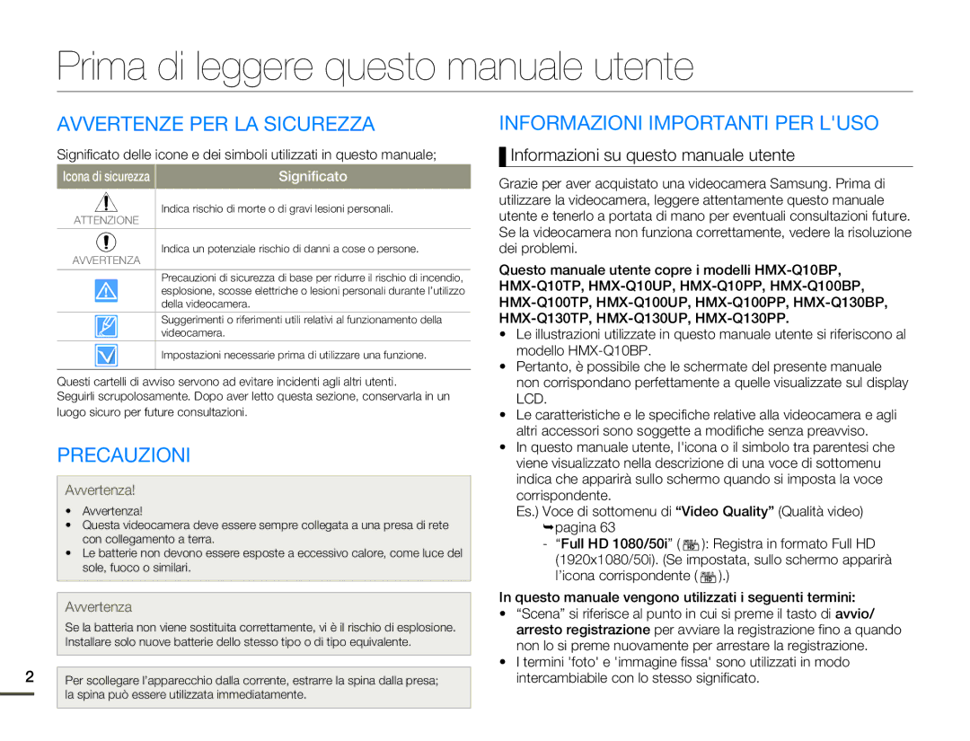 Samsung HMX-Q10BP/MEA, HMX-Q10TP/EDC Prima di leggere questo manuale utente, Avvertenze PER LA Sicurezza, Precauzioni 