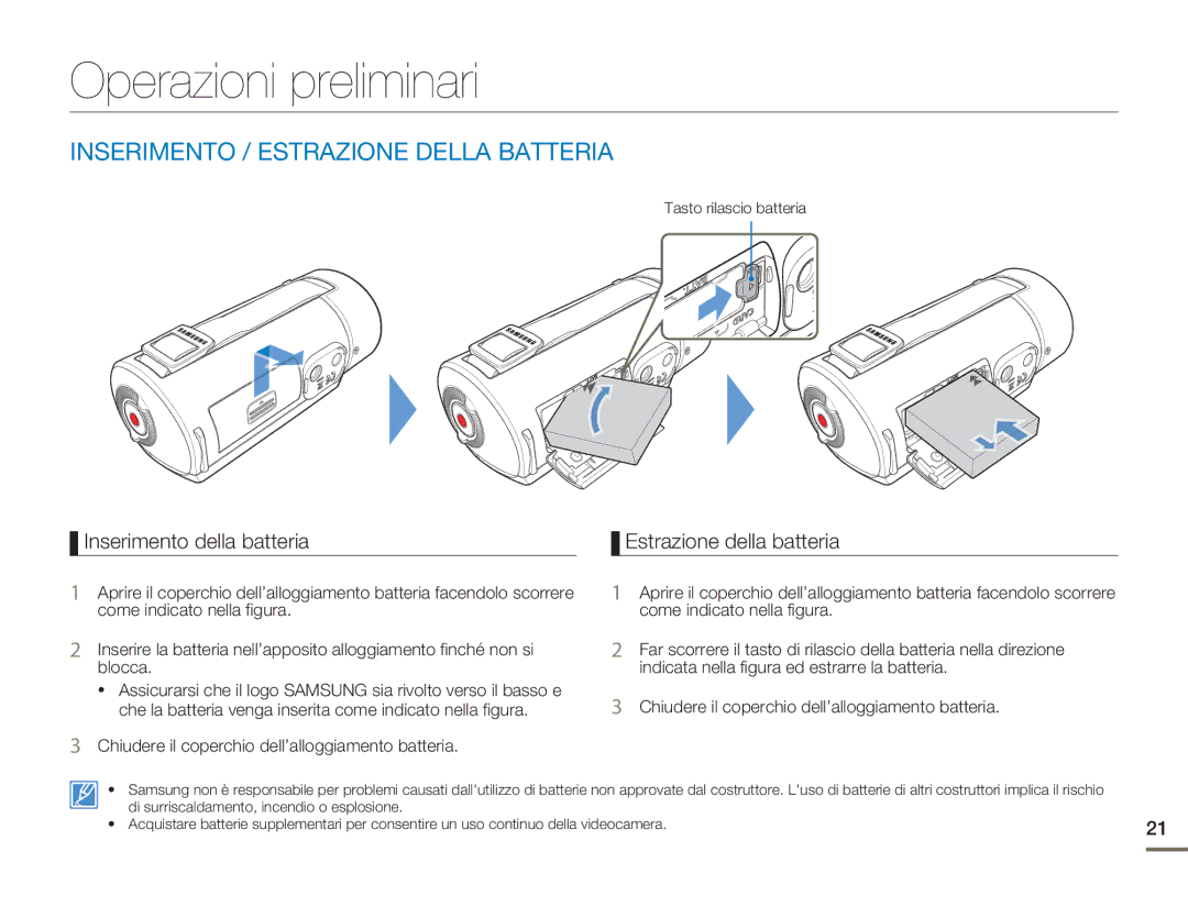 Samsung HMX-Q10BP/EDC manual Operazioni preliminari, Inserimento / Estrazione Della Batteria, Inserimento della batteria 