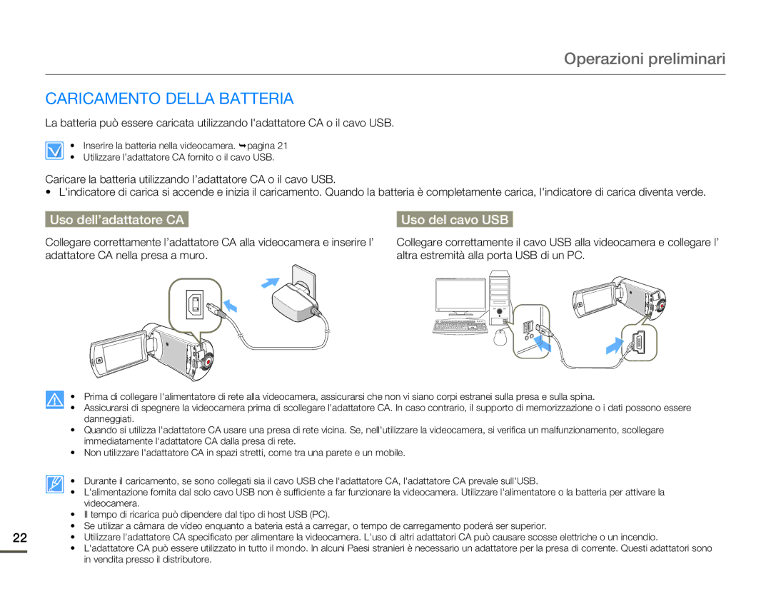 Samsung HMX-Q100BP/EDC manual Operazioni preliminari, Caricamento Della Batteria, Uso dell’adattatore CA Uso del cavo USB 