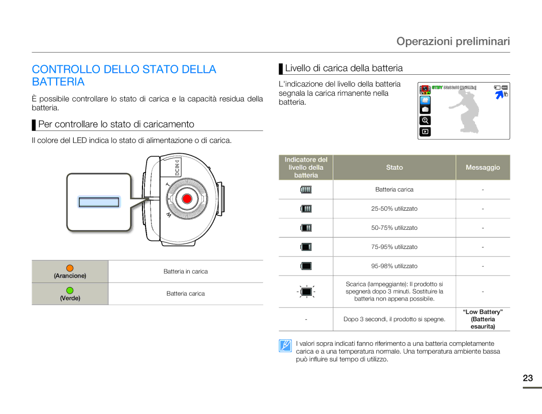 Samsung HMX-Q100UP/EDC, HMX-Q10TP/EDC manual Controllo Dello Stato Della Batteria, Per controllare lo stato di caricamento 