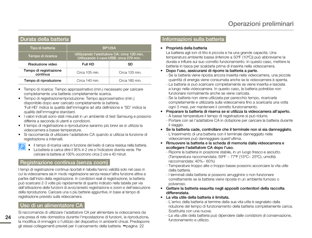 Samsung HMX-Q10TP/EDC, HMX-Q10UP/EDC Durata della batteria, Registrazione continua senza zoom, Uso di un alimentatore CA 