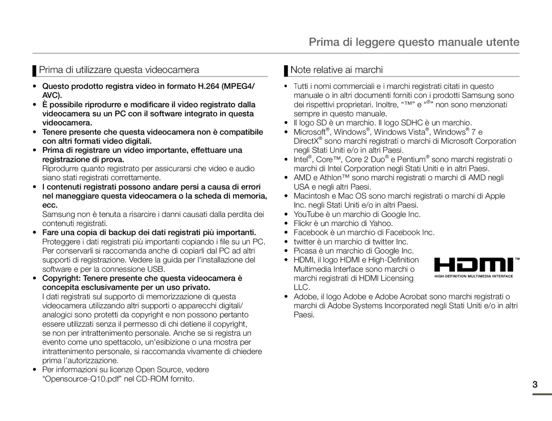 Samsung HMX-Q10BP/EDC, HMX-Q10TP/EDC Prima di leggere questo manuale utente, Prima di utilizzare questa videocamera 