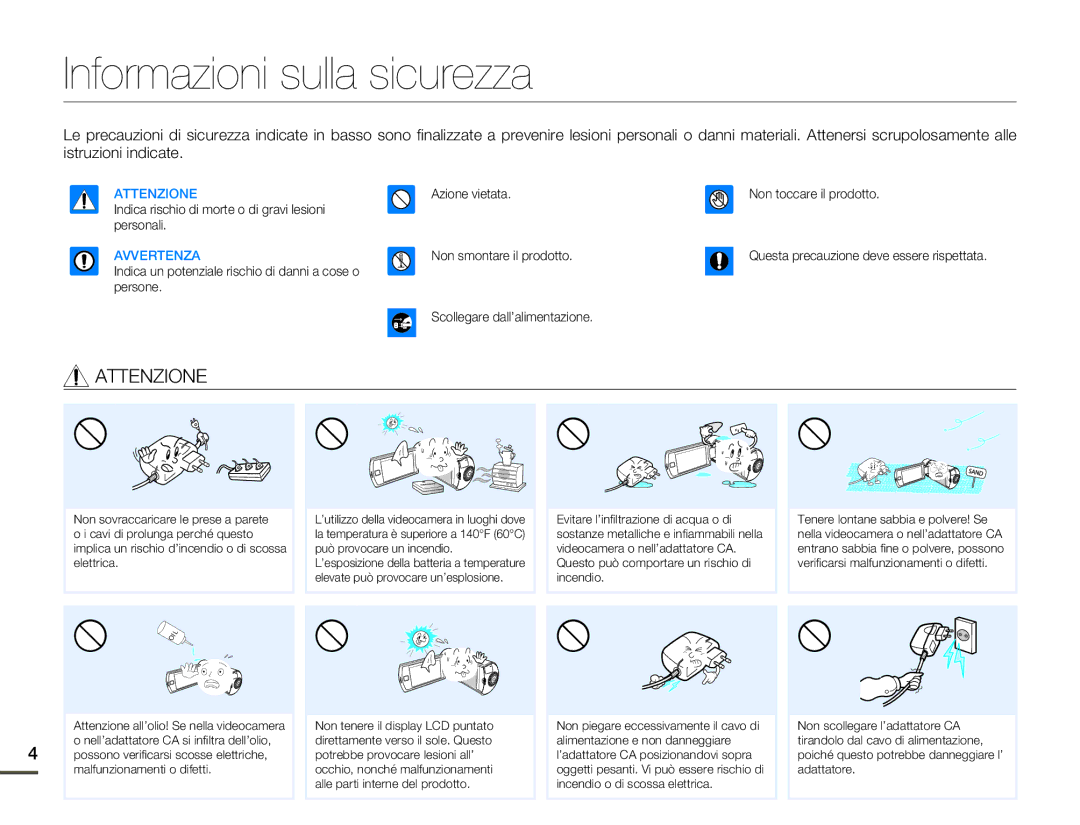 Samsung HMX-Q100BP/EDC, HMX-Q10TP/EDC, HMX-Q10UP/EDC, HMX-Q10BP/MEA, HMX-Q10BP/EDC Informazioni sulla sicurezza, Attenzione 