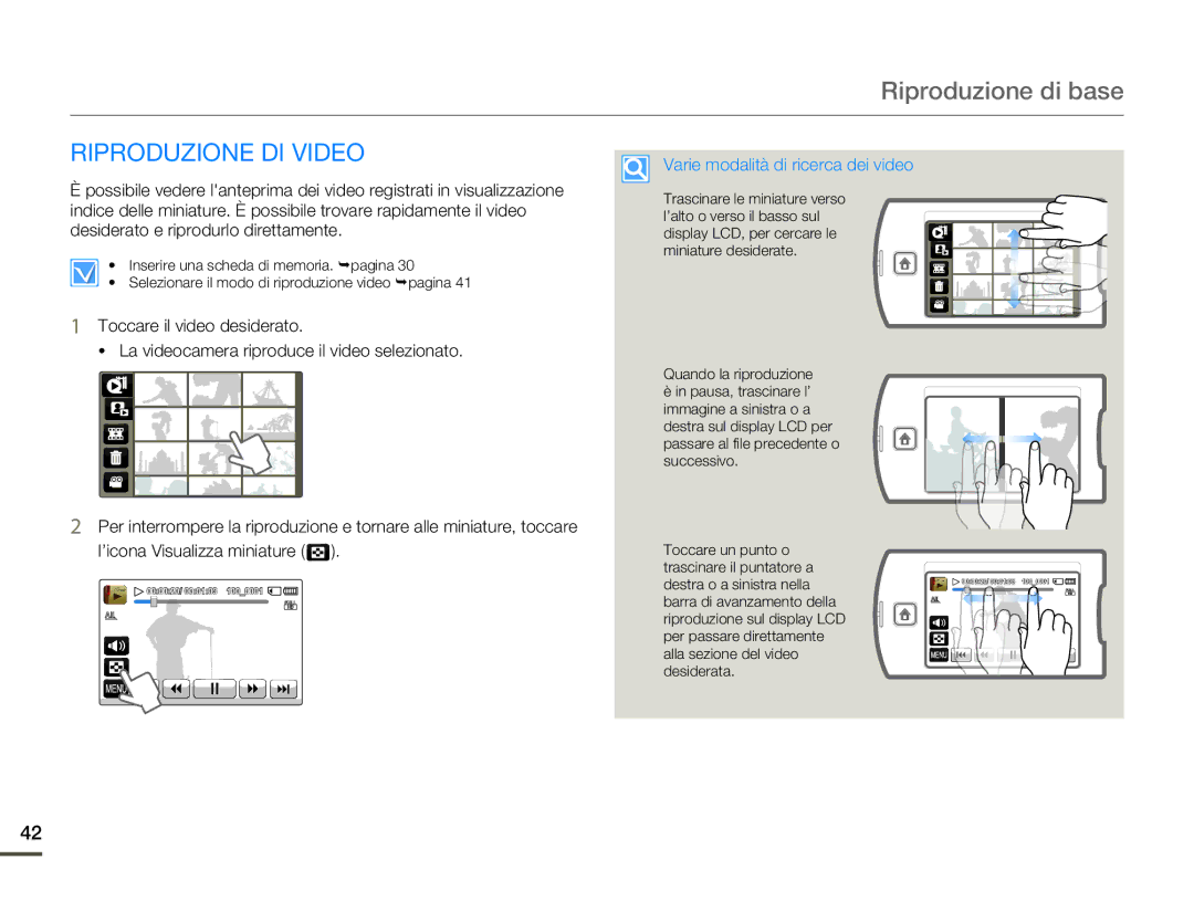 Samsung HMX-Q10TP/EDC, HMX-Q10UP/EDC manual Riproduzione di base, Riproduzione DI Video, Varie modalità di ricerca dei video 