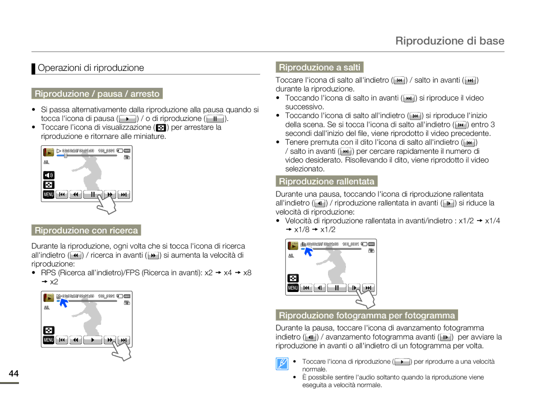 Samsung HMX-Q10BP/MEA, HMX-Q10TP/EDC manual Riproduzione / pausa / arresto, Riproduzione con ricerca, Riproduzione a salti 