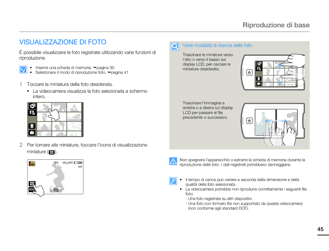 Samsung HMX-Q10BP/EDC, HMX-Q10TP/EDC, HMX-Q10UP/EDC manual Visualizzazione DI Foto, Varie modalità di ricerca delle foto 