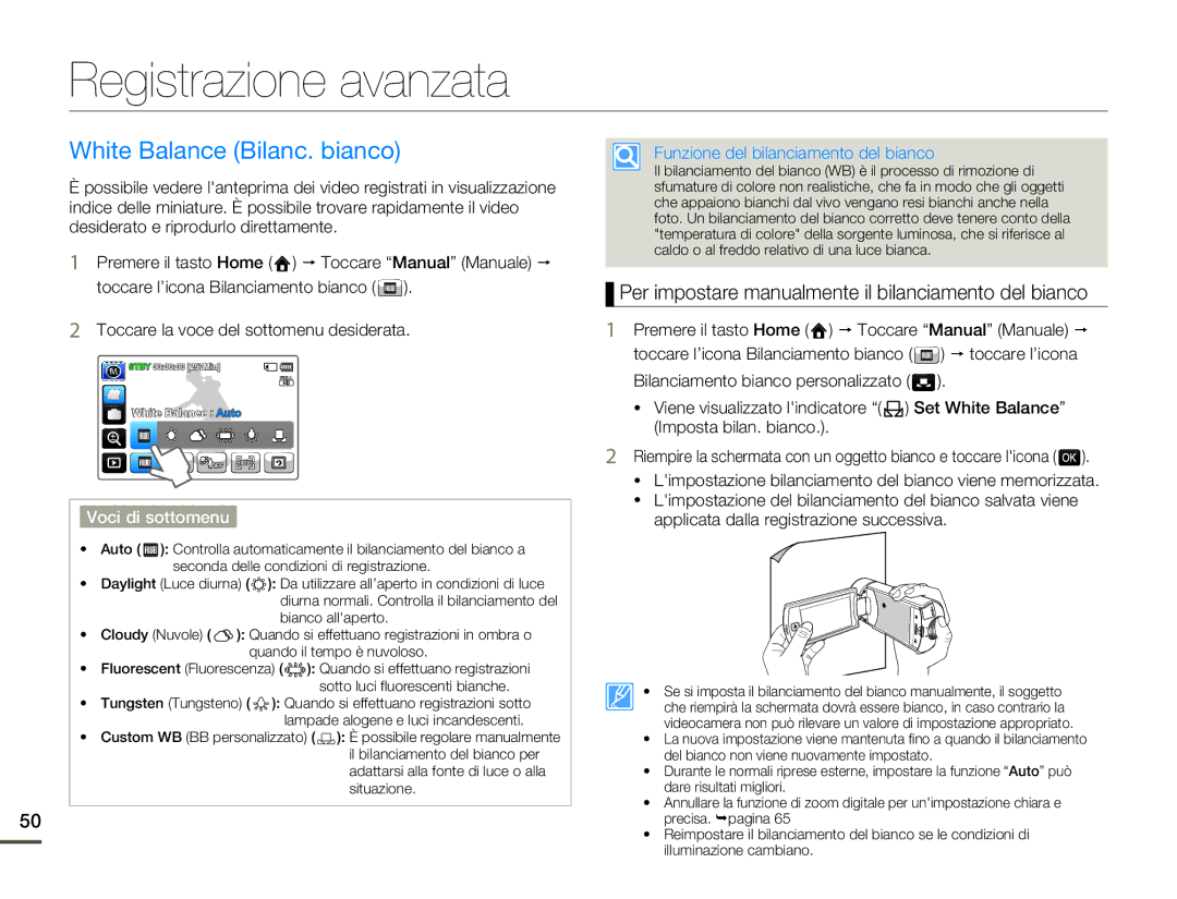 Samsung HMX-Q10BP/MEA manual Registrazione avanzata, White Balance Bilanc. bianco, Funzione del bilanciamento del bianco 