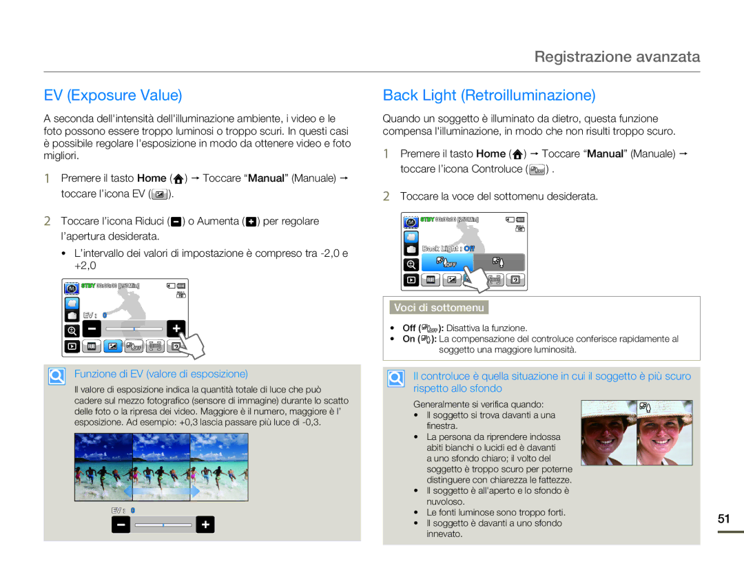 Samsung HMX-Q10BP/EDC, HMX-Q10TP/EDC manual Registrazione avanzata, EV Exposure Value, Back Light Retroilluminazione 