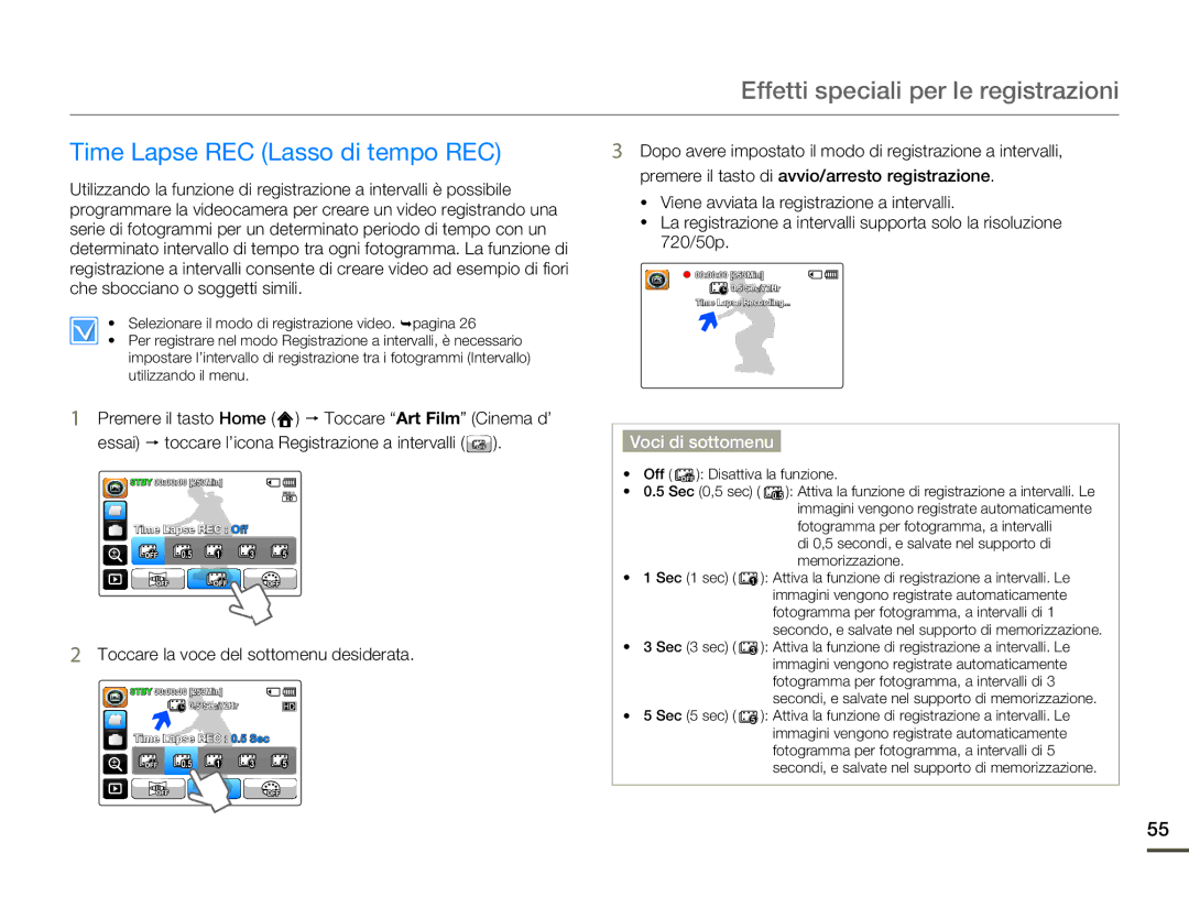 Samsung HMX-Q10UP/EDC, HMX-Q10TP/EDC manual Effetti speciali per le registrazioni, Time Lapse REC Lasso di tempo REC 