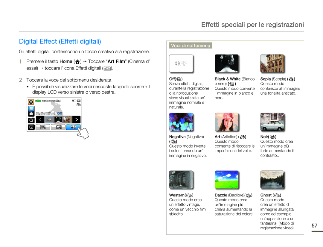 Samsung HMX-Q10BP/EDC, HMX-Q10TP/EDC, HMX-Q10UP/EDC, HMX-Q10BP/MEA, HMX-Q100BP/EDC manual Digital Effect Effetti digitali, Off 