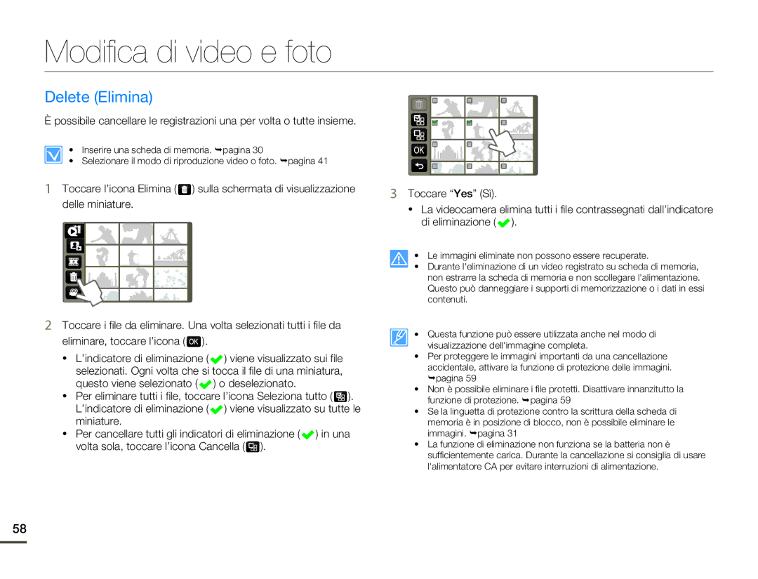 Samsung HMX-Q100BP/EDC, HMX-Q10TP/EDC, HMX-Q10UP/EDC manual Modifica di video e foto, Delete Elimina, Di eliminazione 