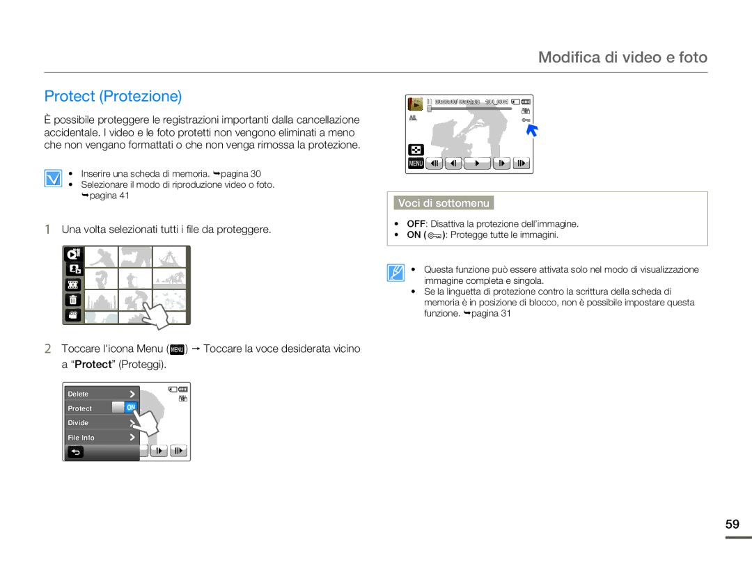 Samsung HMX-Q100UP/EDC, HMX-Q10TP/EDC, HMX-Q10UP/EDC, HMX-Q10BP/MEA manual Modifica di video e foto, Protect Protezione 