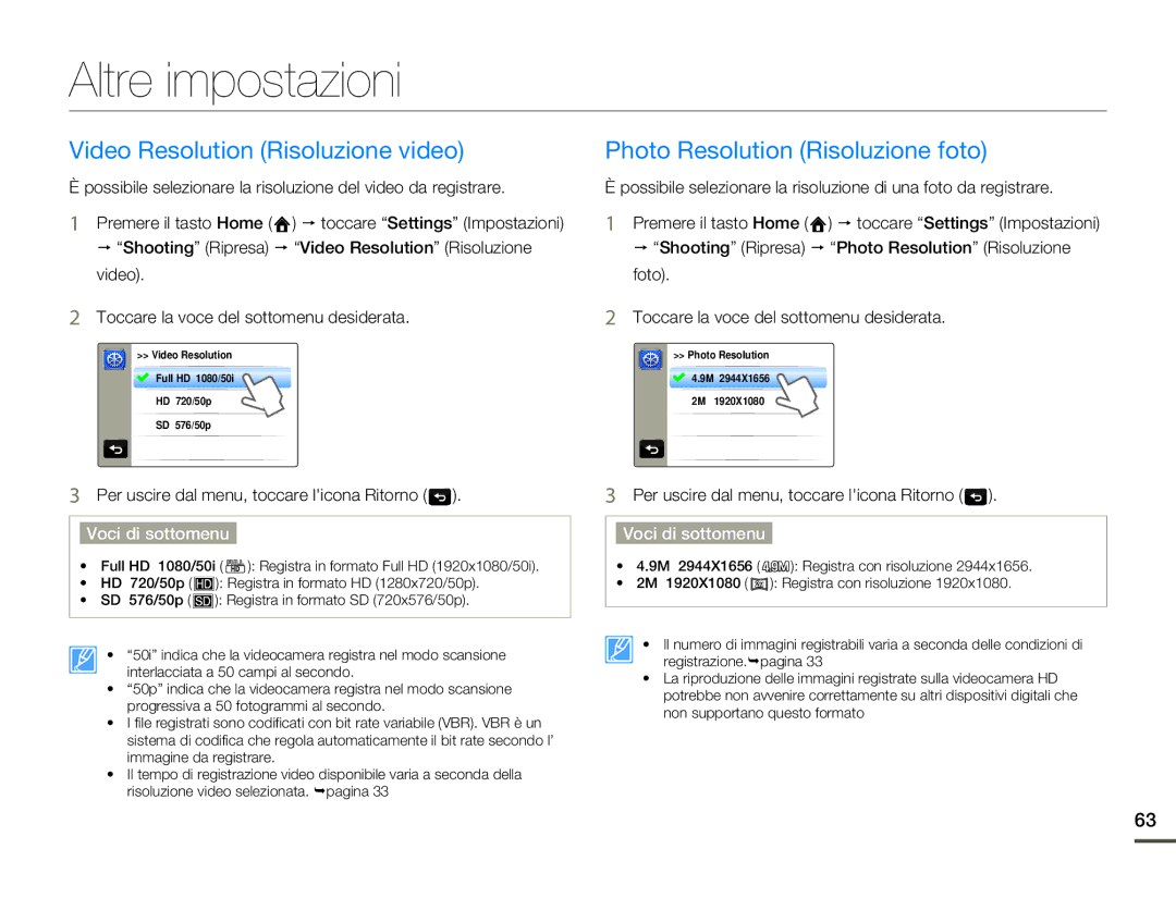 Samsung HMX-Q10BP/EDC manual Altre impostazioni, Video Resolution Risoluzione video, Photo Resolution Risoluzione foto 