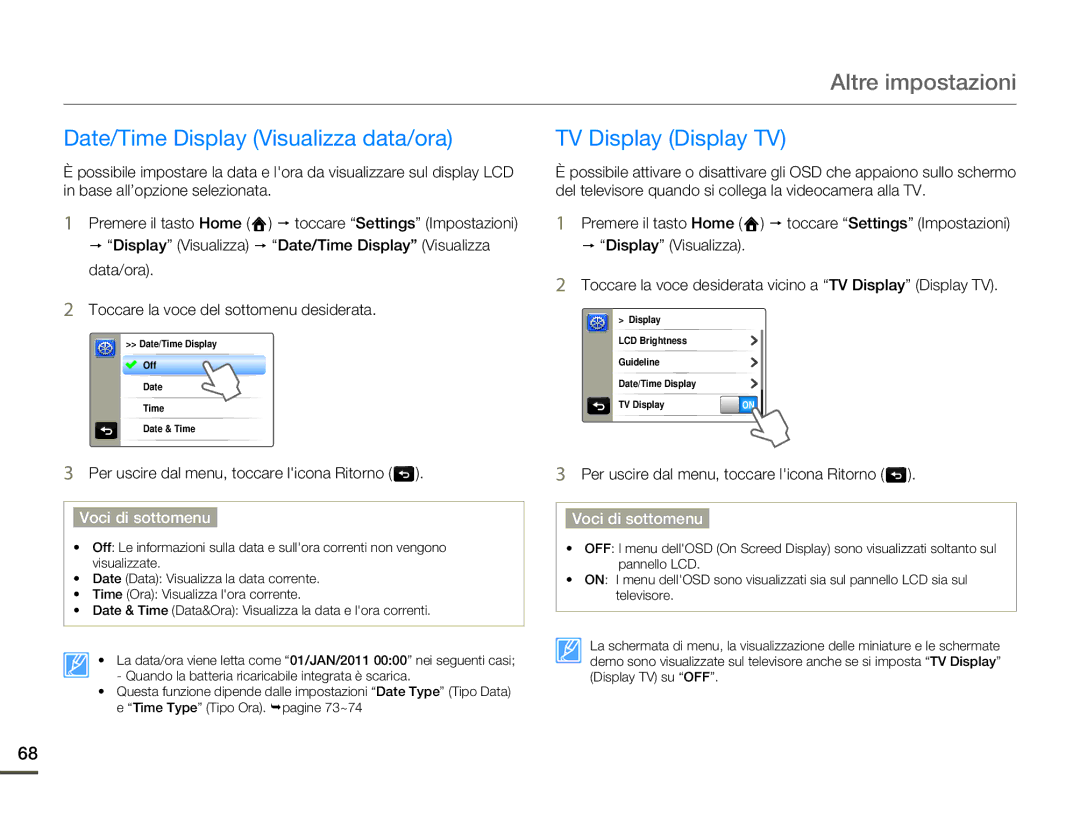 Samsung HMX-Q10BP/MEA, HMX-Q10TP/EDC, HMX-Q10UP/EDC manual Date/Time Display Visualizza data/ora, TV Display Display TV 