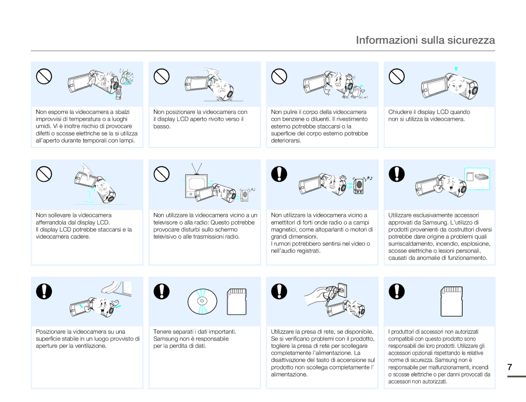 Samsung HMX-Q10UP/EDC, HMX-Q10TP/EDC, HMX-Q10BP/MEA, HMX-Q10BP/EDC, HMX-Q100BP/EDC manual Informazioni sulla sicurezza 