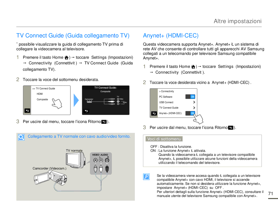 Samsung HMX-Q100UP/EDC, HMX-Q10TP/EDC, HMX-Q10UP/EDC, HMX-Q10BP/MEA TV Connect Guide Guida collegamento TV, Anynet+ HDMI-CEC 