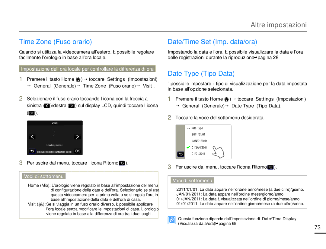 Samsung HMX-Q10UP/EDC, HMX-Q10TP/EDC, HMX-Q10BP/MEA Time Zone Fuso orario, Date/Time Set Imp. data/ora, Date Type Tipo Data 