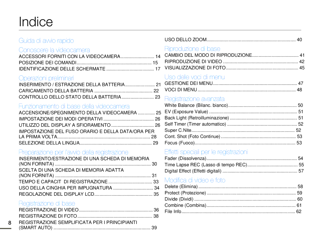 Samsung HMX-Q10BP/MEA, HMX-Q10TP/EDC, HMX-Q10UP/EDC, HMX-Q10BP/EDC Indice, Guida di avvio rapido Conoscere la videocamera 