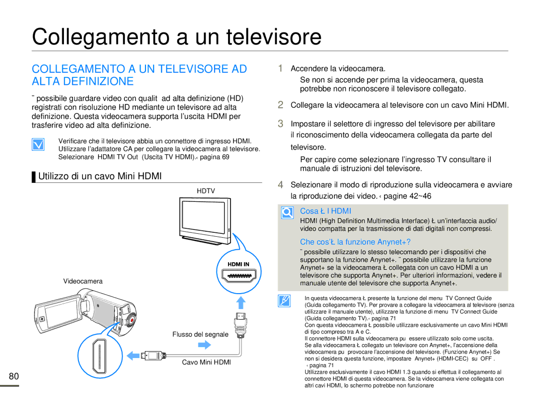 Samsung HMX-Q10BP/MEA manual Collegamento a un televisore, Collegamento a UN Televisore AD Alta Definizione, Cosa è l’HDMI 