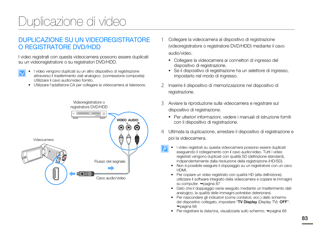 Samsung HMX-Q100UP/EDC, HMX-Q10TP/EDC Duplicazione di video, Duplicazione SU UN Videoregistratore O Registratore DVD/HDD 