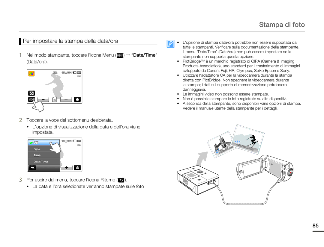 Samsung HMX-Q10UP/EDC, HMX-Q10TP/EDC, HMX-Q10BP/MEA, HMX-Q10BP/EDC Stampa di foto, Per impostare la stampa della data/ora 