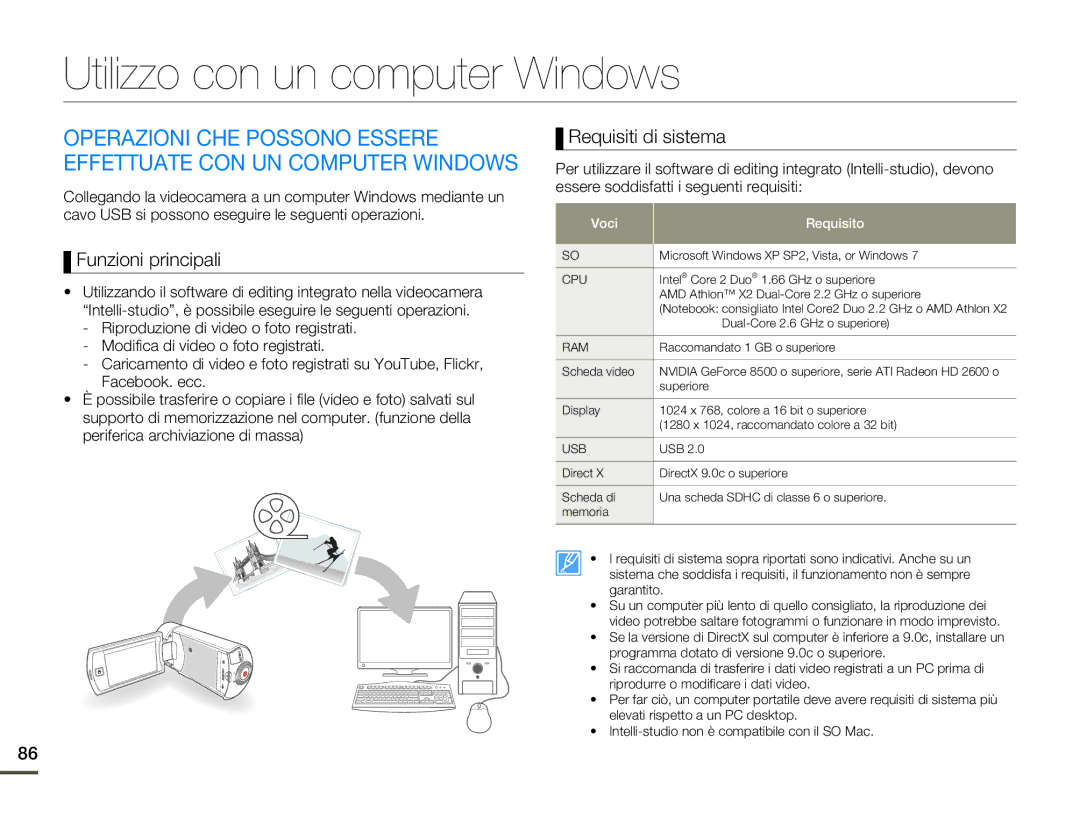 Samsung HMX-Q10BP/MEA, HMX-Q10TP/EDC manual Utilizzo con un computer Windows, Funzioni principali, Requisiti di sistema 