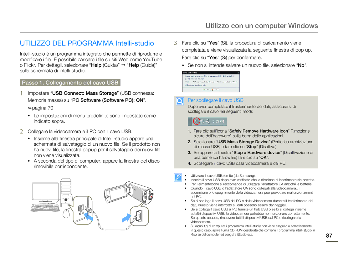 Samsung HMX-Q10BP/EDC Utilizzo con un computer Windows, Utilizzo DEL Programma Intelli-studio, Per scollegare il cavo USB 