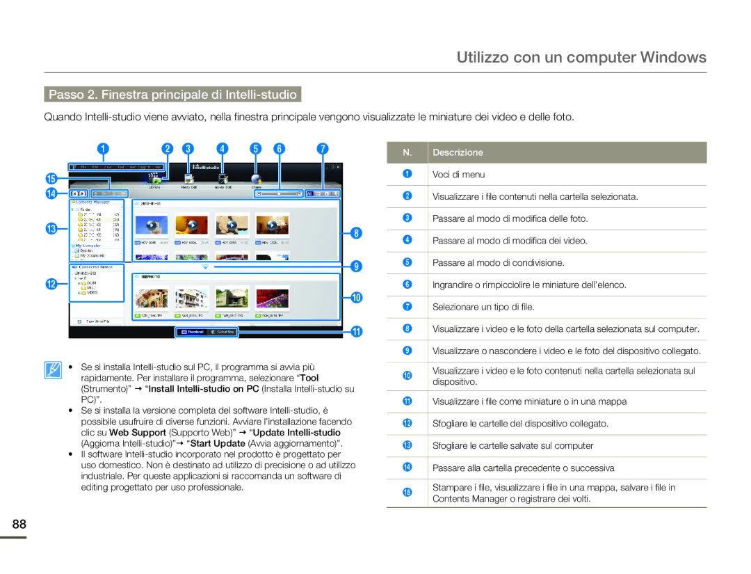 Samsung HMX-Q100BP/EDC, HMX-Q10TP/EDC, HMX-Q10UP/EDC manual Passo 2. Finestra principale di Intelli-studio, Descrizione 