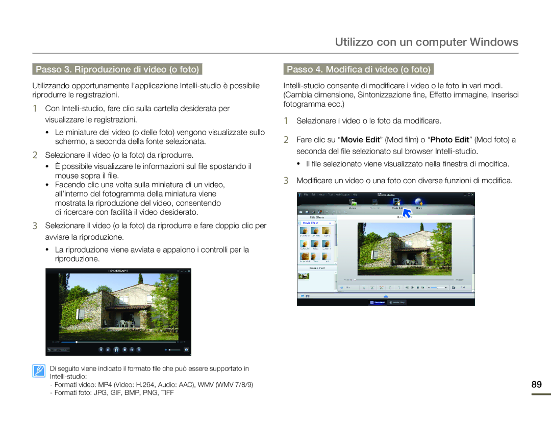 Samsung HMX-Q100UP/EDC, HMX-Q10TP/EDC manual Passo 3. Riproduzione di video o foto, Passo 4. Modifica di video o foto 