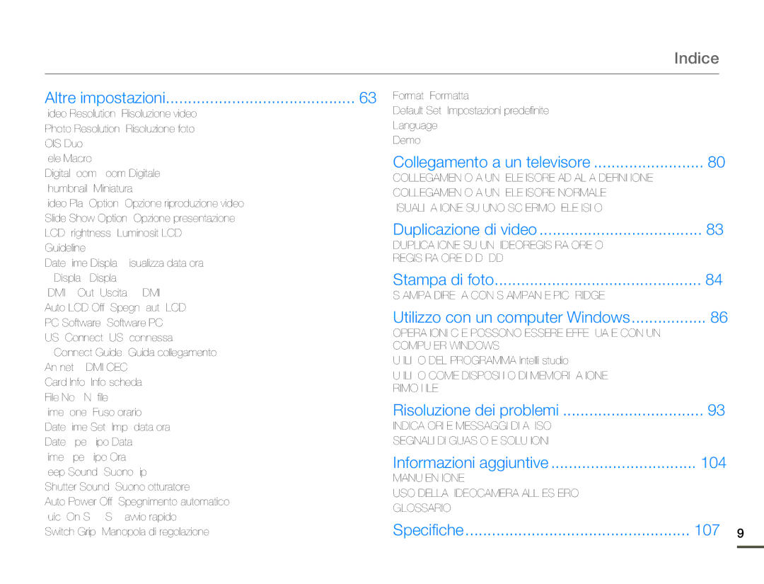 Samsung HMX-Q10BP/EDC, HMX-Q10TP/EDC, HMX-Q10UP/EDC, HMX-Q10BP/MEA, HMX-Q100BP/EDC, HMX-Q100UP/EDC manual Indice, 104, 107 