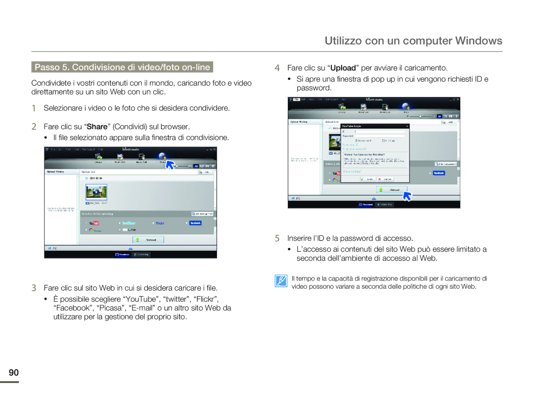 Samsung HMX-Q10TP/EDC, HMX-Q10UP/EDC, HMX-Q10BP/MEA, HMX-Q10BP/EDC manual Passo 5. Condivisione di video/foto on-line 