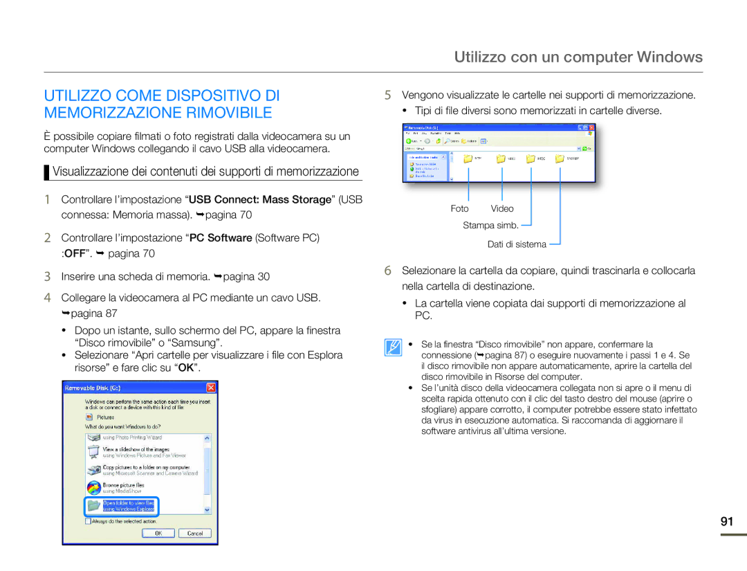 Samsung HMX-Q10UP/EDC, HMX-Q10TP/EDC, HMX-Q10BP/MEA, HMX-Q10BP/EDC Utilizzo Come Dispositivo DI Memorizzazione Rimovibile 