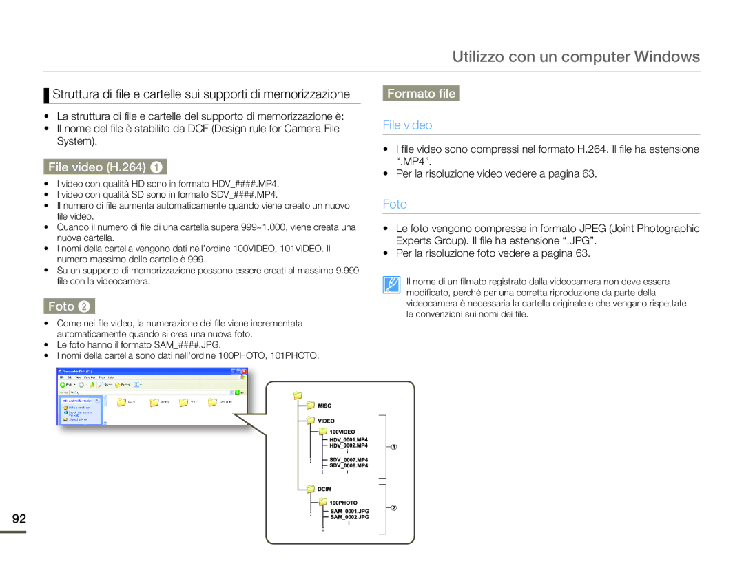 Samsung HMX-Q10BP/MEA Struttura di file e cartelle sui supporti di memorizzazione, File video H.264, Foto, Formato file 