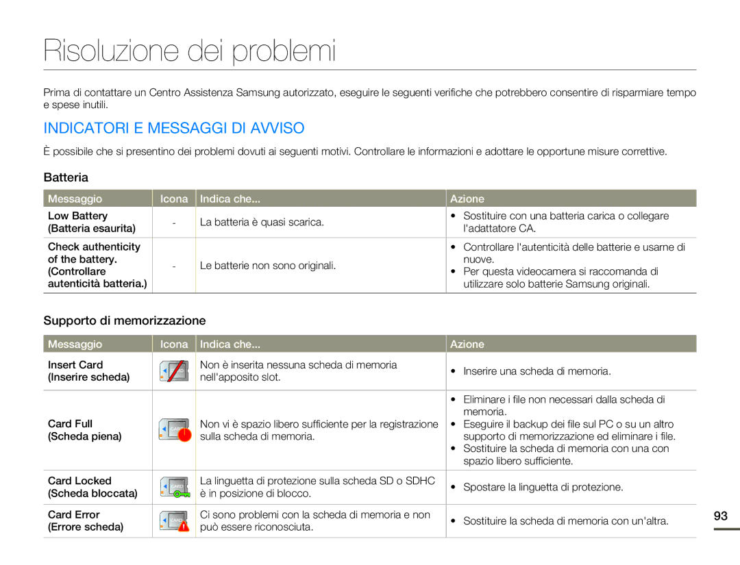 Samsung HMX-Q10BP/EDC Risoluzione dei problemi, Indicatori E Messaggi DI Avviso, Batteria, Supporto di memorizzazione 