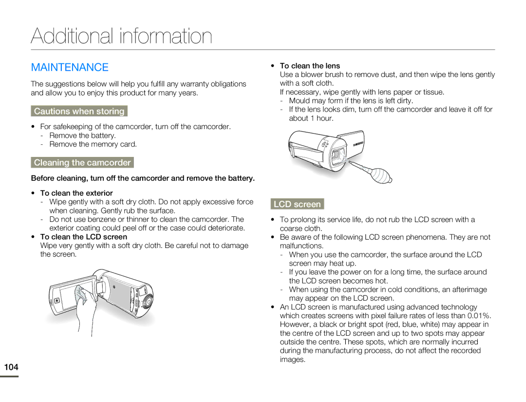 Samsung HMX-Q10BN/XAA, HMX-Q10TP/EDC manual Additional information, Maintenance, Cleaning the camcorder, LCD screen, 104 