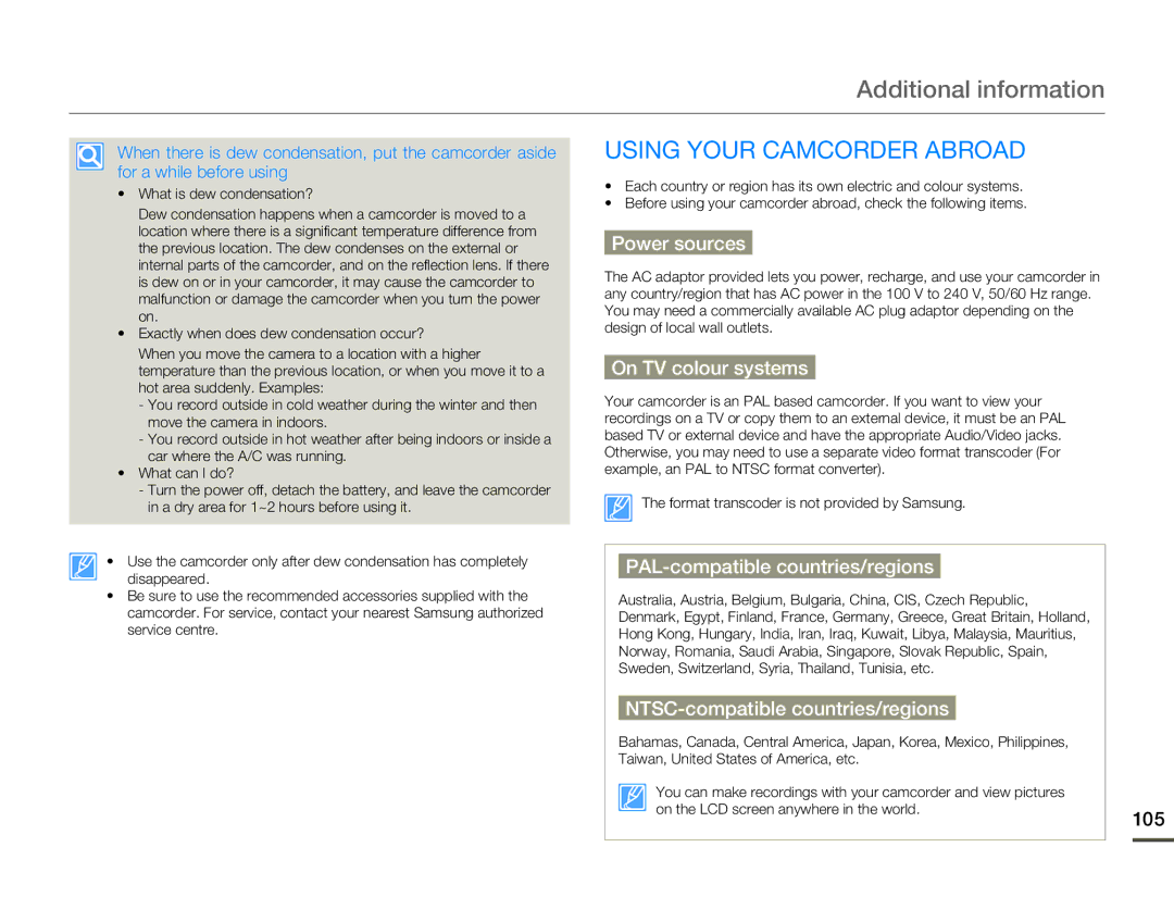 Samsung HMX-Q10TP/XER, HMX-Q10TP/EDC, HMX-Q10UP/MEA, HMX-Q10UP/EDC manual Additional information, Using Your Camcorder Abroad 