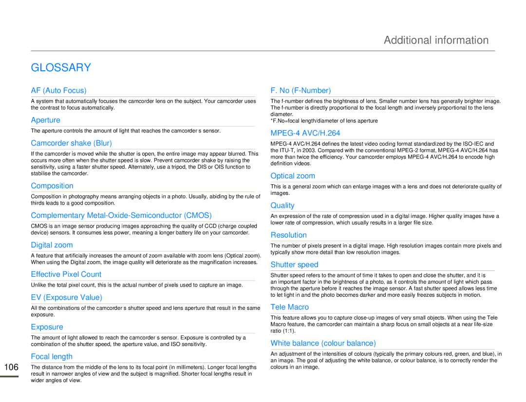 Samsung HMX-Q100BP/XER, HMX-Q10TP/EDC, HMX-Q10UP/MEA, HMX-Q10UP/EDC, HMX-Q10PP/EDC, HMX-Q10BP/MEA, HMX-Q10BP/EDC manual Glossary 