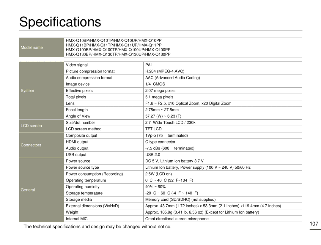 Samsung HMX-Q10PP/XER, HMX-Q10TP/EDC, HMX-Q10UP/MEA, HMX-Q10UP/EDC, HMX-Q10PP/EDC, HMX-Q10BP/MEA manual Specifications, 107 