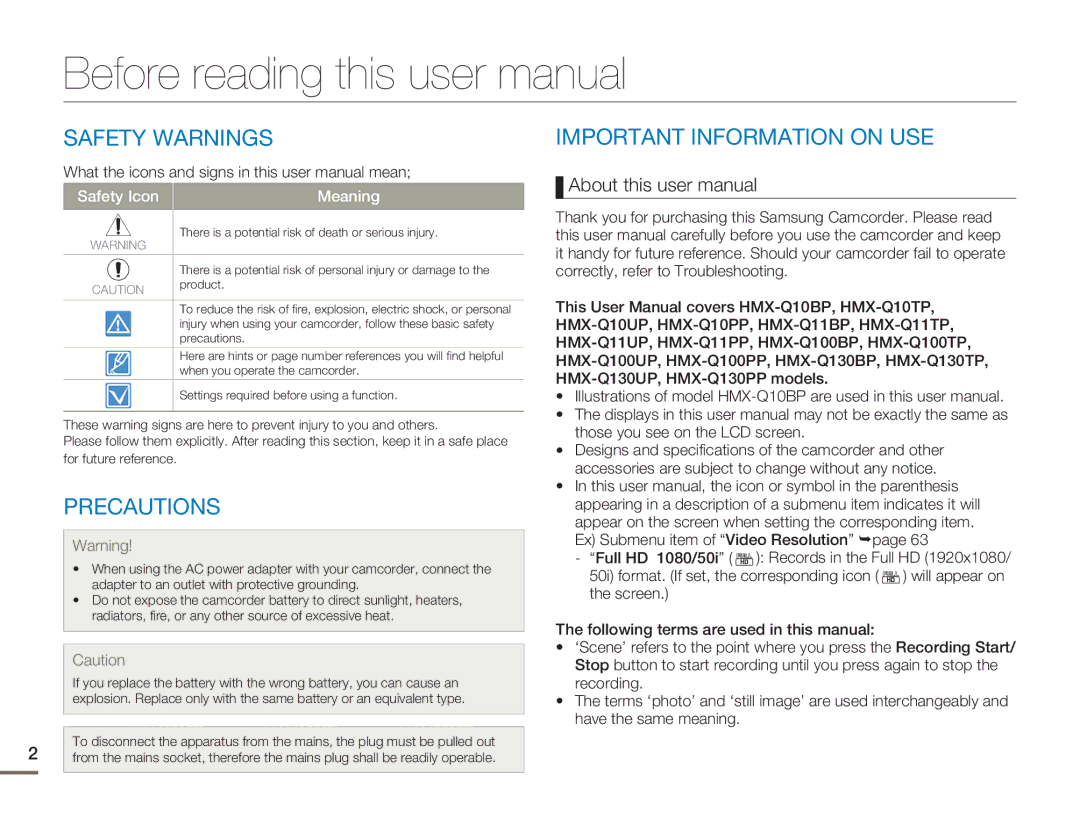 Samsung HMX-Q10UP/EDC, HMX-Q10TP/EDC, HMX-Q10UP/MEA manual Safety Warnings, Precautions, Important Information on USE 