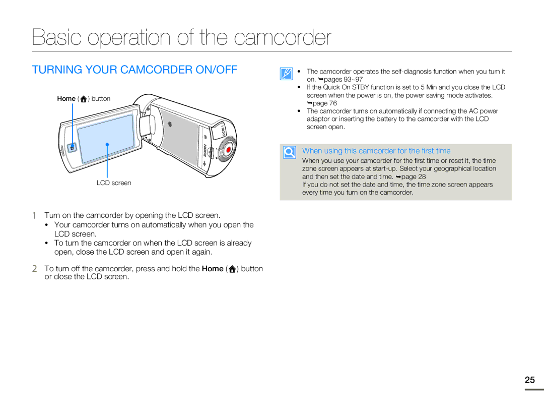 Samsung HMX-Q100BP/EDC, HMX-Q10TP/EDC, HMX-Q10UP/MEA manual Basic operation of the camcorder, Turning Your Camcorder ON/OFF 