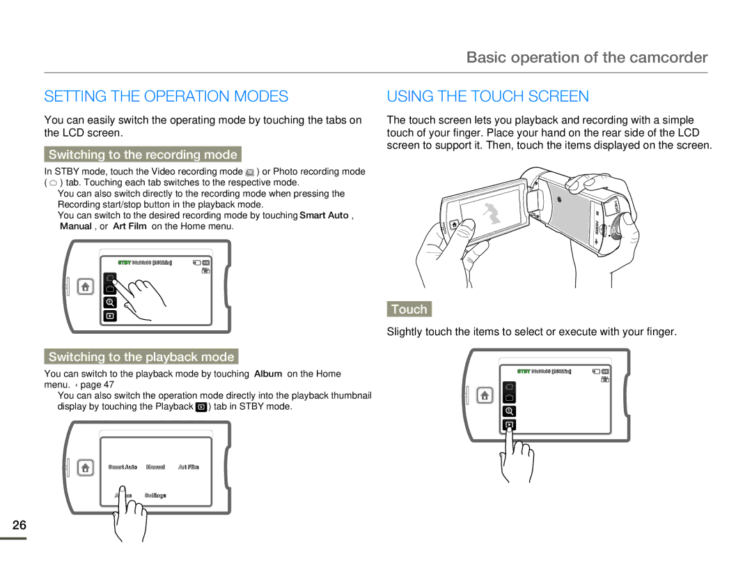 Samsung HMX-Q100UP/EDC manual Basic operation of the camcorder, Setting the Operation Modes, Using the Touch Screen 