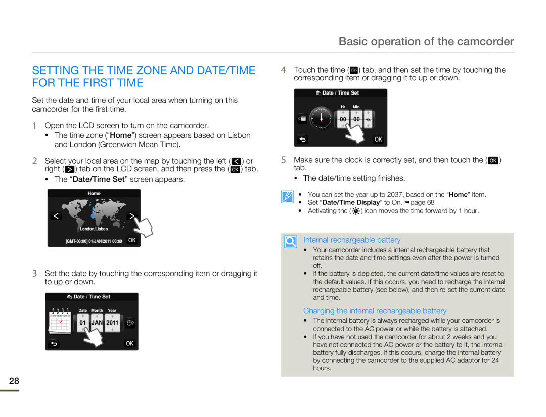 Samsung HMX-Q10BN/XAA, HMX-Q10TP/EDC Setting the Time Zone and DATE/TIME for the First Time, Internal rechargeable battery 