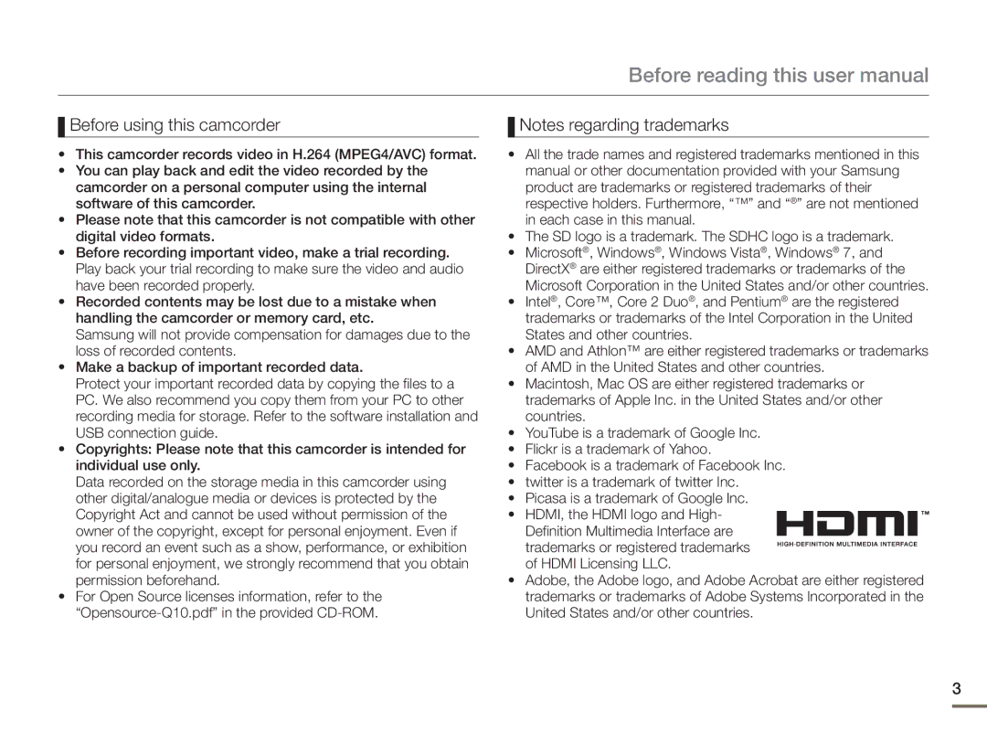 Samsung HMX-Q10PP/EDC, HMX-Q10TP/EDC, HMX-Q10UP/MEA, HMX-Q10UP/EDC, HMX-Q10BP/MEA, HMX-Q10BP/EDC Before using this camcorder 