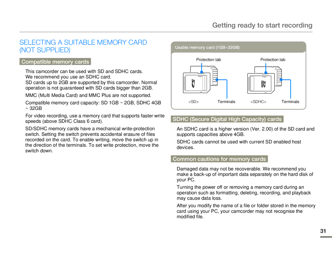 Samsung HMX-Q10PP/XER, HMX-Q10TP/EDC manual Getting ready to start recording, Selecting a Suitable Memory Card not Supplied 