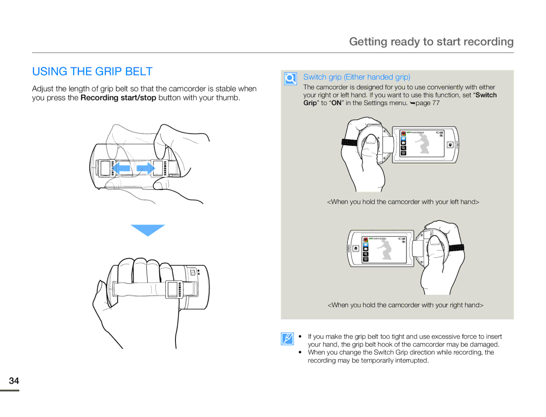 Samsung HMX-Q100TP/XER, HMX-Q10TP/EDC, HMX-Q10UP/MEA, HMX-Q10UP/EDC manual Using the Grip Belt, Switch grip Either handed grip 