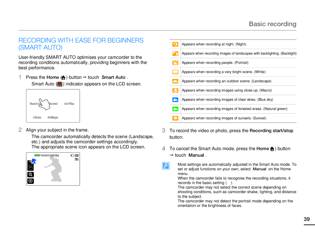 Samsung HMX-Q10UP/MEA, HMX-Q10TP/EDC manual Recording with Ease for Beginners Smart Auto, Align your subject in the frame 