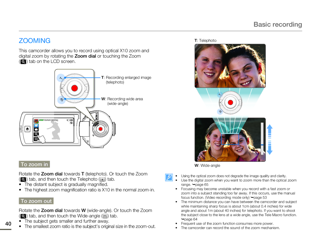 Samsung HMX-Q10UP/EDC, HMX-Q10TP/EDC, HMX-Q10UP/MEA, HMX-Q10PP/EDC, HMX-Q10BP/MEA, HMX-Q10BP/EDC manual Zooming, To zoom out 