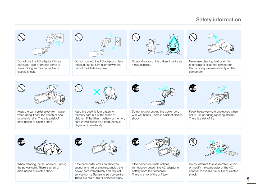 Samsung HMX-Q10BP/EDC, HMX-Q10TP/EDC, HMX-Q10UP/MEA, HMX-Q10UP/EDC, HMX-Q10PP/EDC, HMX-Q10BP/MEA manual Safety information 